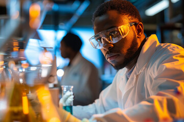 Engineers and scientists collaborating in a high tech lab researching and developing advanced biofuels from sustainable sources
