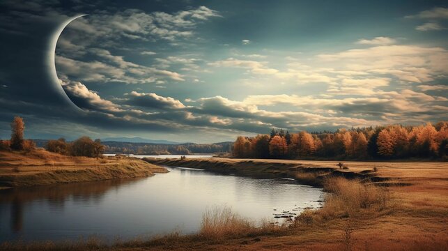Rural scene with river and crescent moon in the sky, very impressive photo manipulation