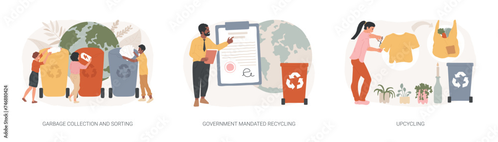 Poster waste disposal and reuse isolated concept vector illustration set. garbage collection and sorting, g