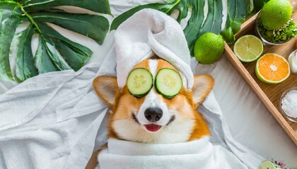 Cute red and white corgi lays on the bed relaxed from spa procedures on face with cucumber, covered with a towel.
