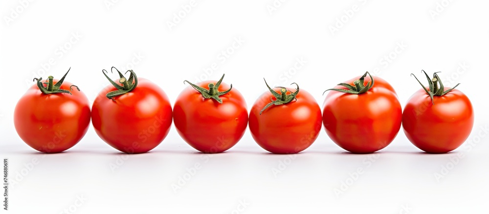 Poster a straight row of vibrant red tomatoes is neatly lined up on a clean white background. each tomato i