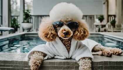 Cool funny poodle dog resting and relaxing in spa wellness salon center ,wearing a bathrobe and fancy sunglasses