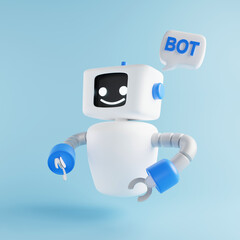 3D rendering A cute robot floats in the air.