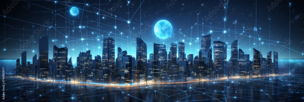 Poster abstract modern cityscape with wireless network and connection technology concept