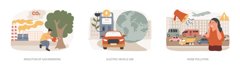 Urban environment isolated concept vector illustration set. Reduction of gas emissions, electric vehicle use, noise pollution, Co2 greenhouse gas, eco-friendly transportation vector concept.