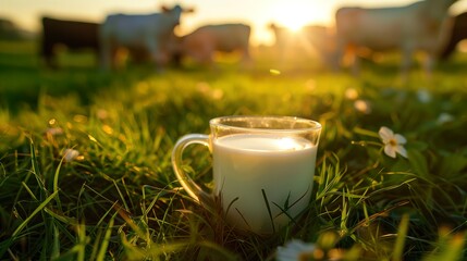 World Milk Day A glass cup of milk rests on vibrant green grass, with cows on the background