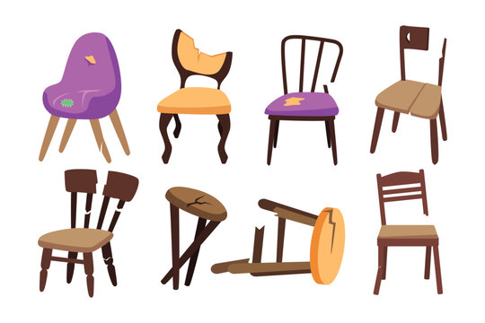 Set of various broken chairs set collection, Broken furniture illustration set outline vector. Classic Home Interior room. Couch Damage Broken old wooden chair leg repair, vector illustration.