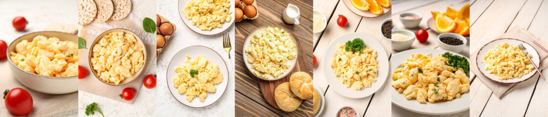 Set of plates with delicious scrambled eggs on table