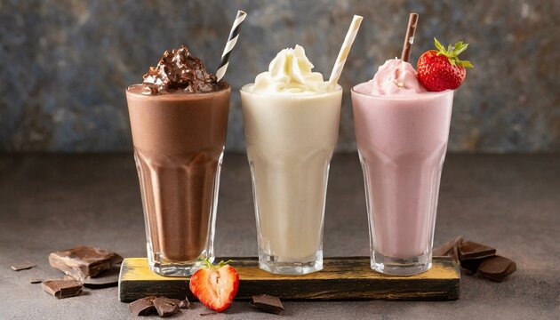 Three glasses of milkshake with assorted flavors. Chocolate, vanilla and strawberry milkshake.
