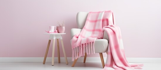 A white stool chair is topped with a giant pink plaid woolen blanket in a Scandinavian style home. The chairs clean lines and minimalist design complement the cozy texture of the blanket.