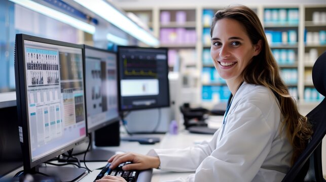 Joyful female medical professional working with advanced imaging technology in a hospital setting