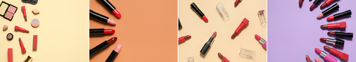 Collage of different lipsticks and makeup cosmetics on color background, top view