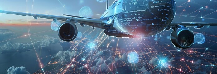 Aerospace technology, blue digital airplane data made by generative AI - obrazy, fototapety, plakaty