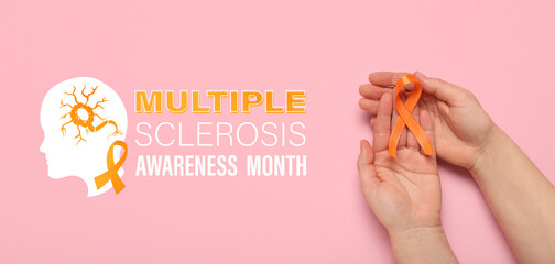 Awareness banner for Multiple Sclerosis Awareness Month with hands and orange ribbon