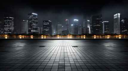 Lonely pedestrian walkway flanked by contemporary city buildings in the backdrop