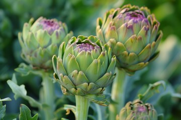 Fototapeta premium Bright artichokes against nature backdrop in twilight light.