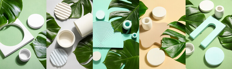 Collage of plaster podiums and monstera leaves on color background