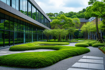 Eco friendly modern glass building in green city of the future. Green trees and sustainable futuristic skyscraper. Reducing heat and carbon dioxide.  Ecology, green living in city, urban environment