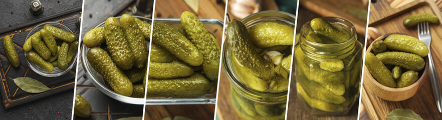 Collage of tasty pickling cucumbers on table