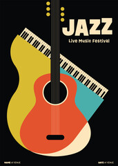Jazz music festival poster template design with combination of guitar and piano