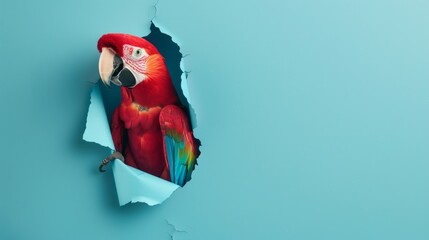 Macaw parrot goes through blue paper. Banner with copy space ideal for advertising parrot products.