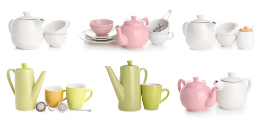 Set of ceramic teapots, cups, saucers and tea strainers on white background