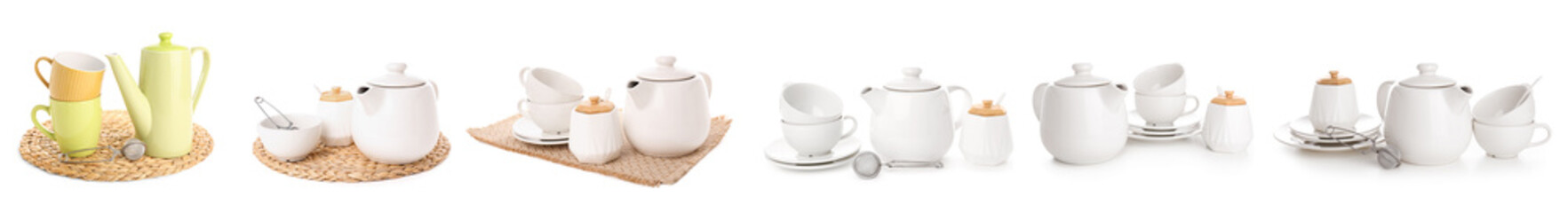 Set of ceramic teapots, cups, saucers, sugar bowls and tea strainers on white background