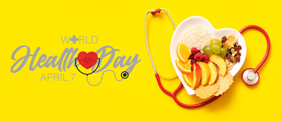 Plate with fresh healthy products and stethoscope on yellow background. Diet concept