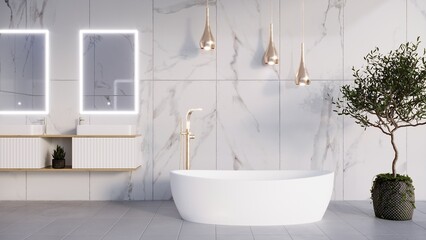 Bathroom with marble tiles. Freestanding bathtub, wall-hung double vanity with sink, illuminated mirrors. Modern bathroom interior in light colors. 3d render