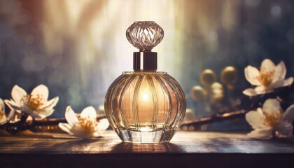 Image of elegant perfume bottle. back light photo. vintage filtered image  - obrazy, fototapety, plakaty