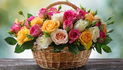 Beautiful bouquet of roses in wicker basket isolated on white 