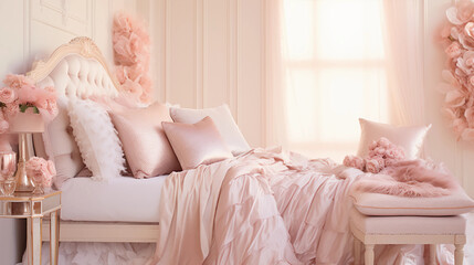 Romantic boudoir design, Rose gold bedroom inspiration, Elegant rose gold decor, Luxurious boudoir ideas, Soft romantic lighting, dress on a chair - obrazy, fototapety, plakaty