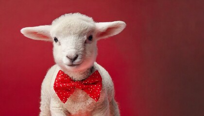 Little white lamb with red bow tie isolated on red background. Studio shot