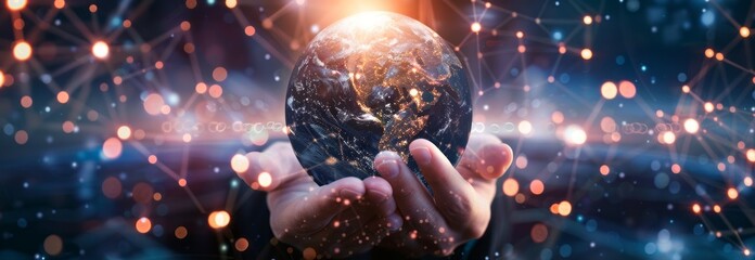 A man holding the planet earth in his hands, which symbolizes the networking of the global business structure and the connection of human resources. - obrazy, fototapety, plakaty