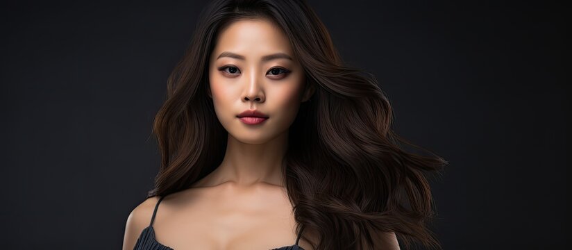 A stunning young Asian woman is confidently posing for a picture, elegantly displaying herself in a black bra against a neutral gray background.