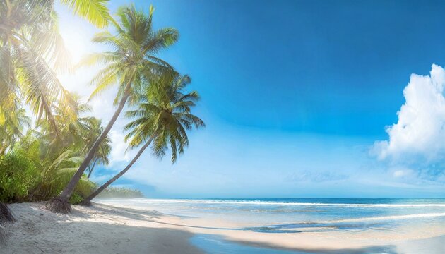 Panorama of tropical beach with coconut palm trees. Travel, holdiay, summer concept.