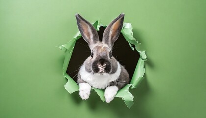 Bunny peeking out of a hole in green wall, fluffy eared bunny easter bunny banner, rabbit jump out torn hole