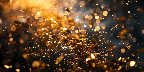 Naklejka premium Gold Confetti and Shimmering Lights on Black Background: An Ideal Event Backdrop. Concept Event Backdrop, Gold Confetti, Shimmering Lights, Black Background