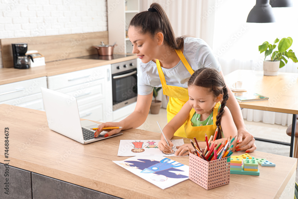 Sticker little girl with her working mother drawing in kitchen