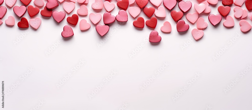 Poster a minimalistic composition for valentines day with pink and red hearts on a white background. the im