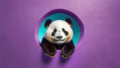 Panda peeking out of a hole in purple wall.