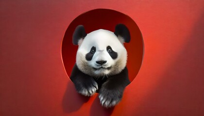 Panda peeking out of a hole in red wall. 