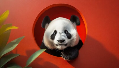 Panda peeking out of a hole in red wall. 