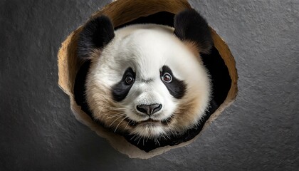 Panda peeking out of a hole in black wall. 
