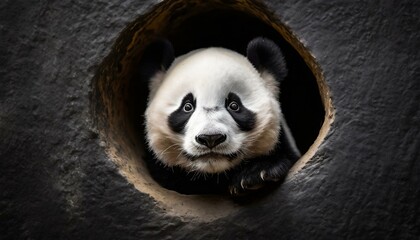 Fototapeta premium Panda peeking out of a hole in black wall.