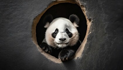 Panda peeking out of a hole in black wall.