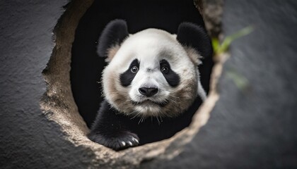 Naklejka premium Panda peeking out of a hole in black wall. 