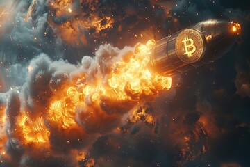 Bitcoin logo rocket launcher, cryptocurrency concept. The growth rate of the gold coin - obrazy, fototapety, plakaty