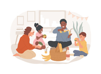 Indoor picnic isolated concept vector illustration. Family quarantine fun, indoor activities, stay at home picnic, romantic time during pandemic, time spending ideas for kids vector concept.