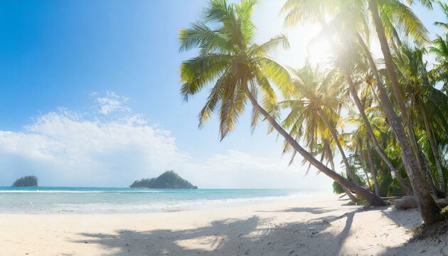 Panorama of tropical beach with coconut palm trees 